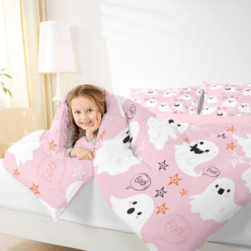 Miniatura 7 de Feelyou Juego de edredón de Halloween, color rosa fantasma, juego de ropa de cama tamaño individual, decoración para niños y niñas, lindo juego