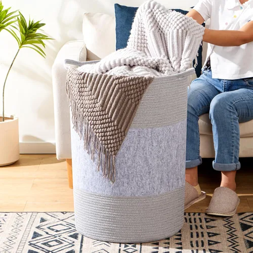 Miniatura 3 de Cesta de lavandería jumbo de 90 L, 17 x 17 x 24 pulgadas, cesta de lavandería tejida extra grande para almacenamiento de mantas, canasta alta