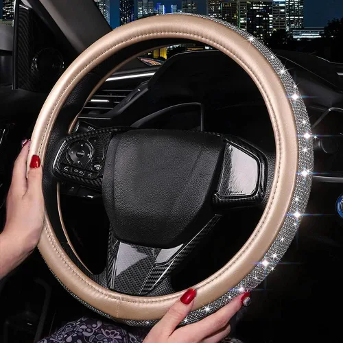 Miniatura 2 de Funda de volante de cuero con diamantes brillantes, fundas doradas para volante para mujeres y niñas con diamantes de imitación de cristal, Dorado