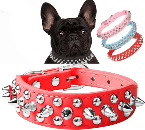 Serijoars Collar para perro con clavos, de piel sintética suave con remaches de hongos, collar ajustable para cachorros (L, Rojo)