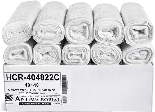 Aluf Plastics Bolsas de basura de alta densidad, 45 galones, 150 unidades, 22 micrones (eq), 40" x 48", transparentes, para baño, oficina,