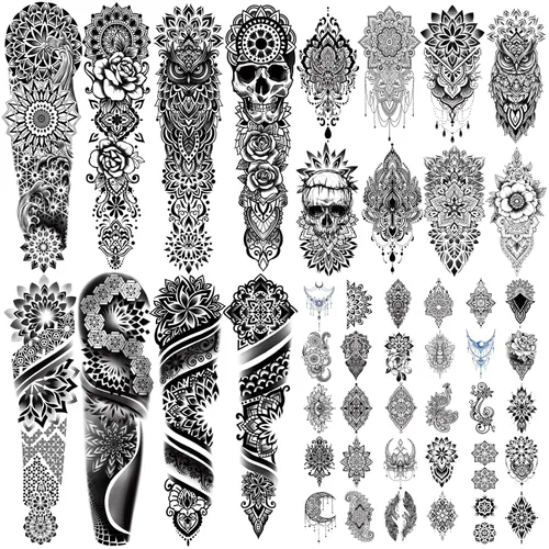 Miniatura 10 de Tatuaje Temporal de Brazo Completo Impermeable para Hombres (L22.8" x A7"), 46 Hojas de Tatuajes Falsos para Mujeres León Tigre Reloj Flor Esqueleto