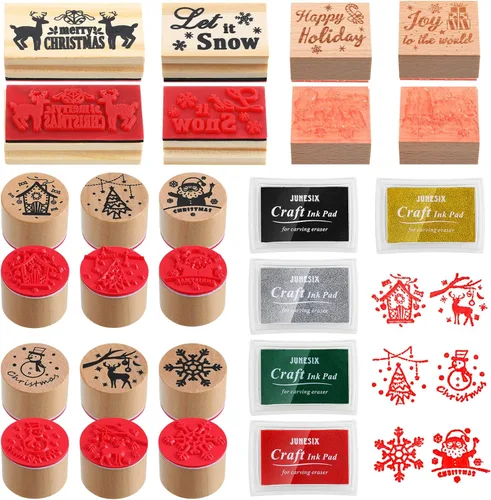 Woanger 15 sellos de goma de madera de Navidad y almohadillas de tinta para manualidades, sello de goma de madera para álbumes de recortes y