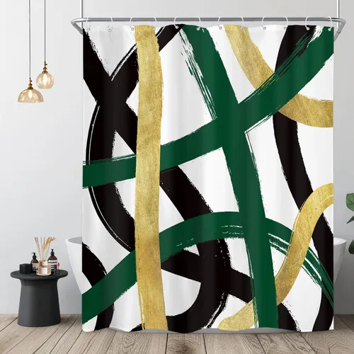 Riyidecor Cortina de ducha verde esmeralda negro dorado de 60 pulgadas de ancho x 72 pulgadas de alto, línea minimalista contemporánea, geométrica,