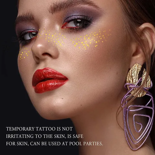 Miniatura 6 de 3 hojas de calcomanías de maquillaje de cara de pecas sintéticas metálicas doradas, impermeables, brillantes, arte corporal para festivales