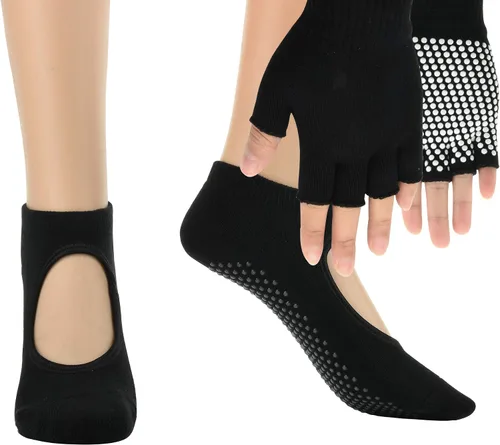 Miniatura 2 de Cosmos Juego de guantes y calcetines de yoga antideslizantes para mujer, juego de calcetines y guantes de pilates para mujer, barra, ballet, bikram