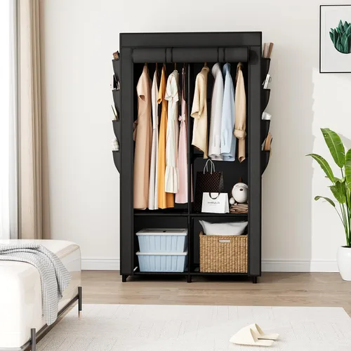 Miniatura 2 de Armario portátil para colgar ropa, armario portátil con tapa, 4 estantes de almacenamiento, 2 varillas para colgar y 8 bolsillos laterales, fácil