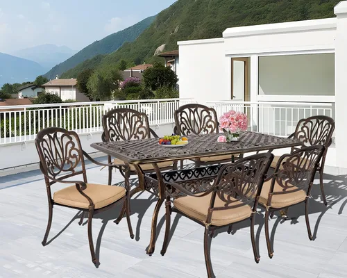 Miniatura 5 de TITIMO Juego de comedor de 7 piezas de aluminio fundido para patio, muebles de comedor al aire libre, juego de conversación de patio, mesa