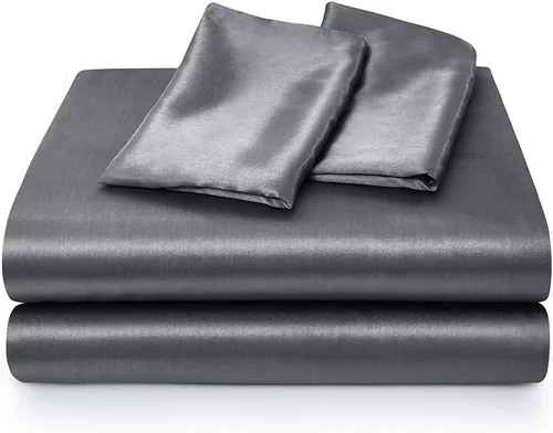 Miniatura 6 de Juego de sábanas de satén tamaño completo, sábanas de seda gris, juego de ropa de cama suave de 4 piezas con 1 sábana bajera con bolsillo profundo