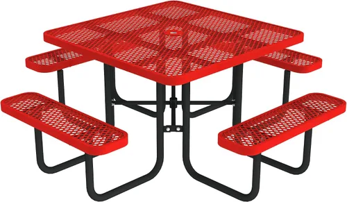 Norwood Commercial Furniture - Mesa de picnic redonda de 46 pulgadas con bancos y agujero para paraguas, mesa de picnic portátil de acero de grado