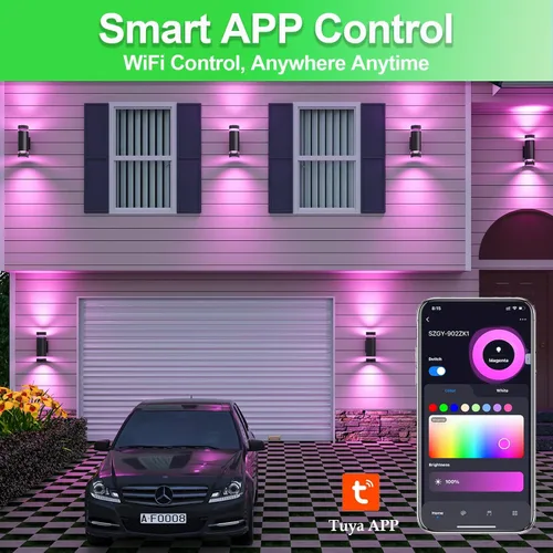 Miniatura 5 de wowlite Paquete de 2 luces RGB arriba y abajo para exteriores, luces de porche trasero, lámparas de pared al aire libre, control de aplicación WiFi