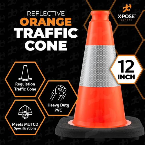 Miniatura 4 de Xpose Safety Conos de tráfico naranjas de 12 pulgadas con collar de 4 pulgadas, paquete de 4 conos de seguridad de plástico PVC multiusos