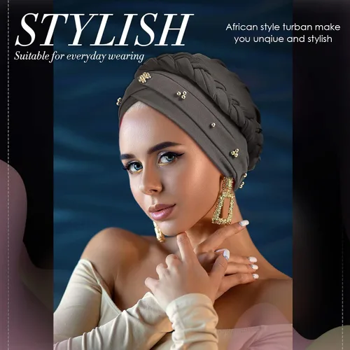 Miniatura 5 de 6 piezas de turbante africano para mujer, gorras trenzadas con cuentas elásticas