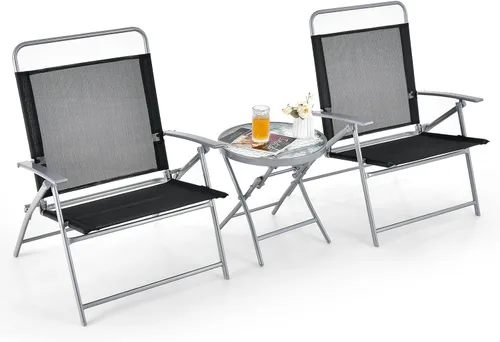 Tangkula Juego de 3 sillas plegables para patio, juego de conversación de metal para exteriores con mesa auxiliar, asiento extragrande, marco de