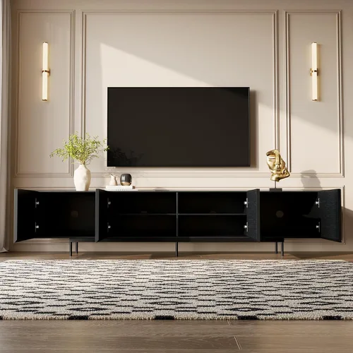 Miniatura 6 de Soporte de TV moderno de mediados de siglo, consola negra de 94.5 pulgadas para televisores de 65 a 85 pulgadas, 4 puertas de gabinete con 6