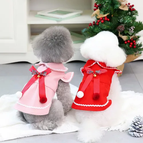 Miniatura 6 de Zunea Vestidos de invierno para perros pequeños, niña, vestido de princesa para cachorro de Navidad con lindo nudo de lazo y campana, suave y Rojo