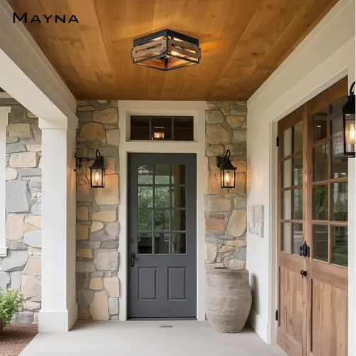 Miniatura 2 de MAYNA Lámpara de techo de granja, lámpara de techo rústica de 2 luces con montaje empotrado de metal y madera, accesorios de iluminación de pasillo