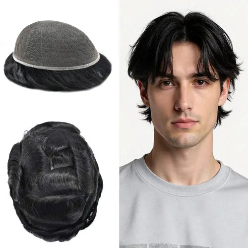 Miniatura 90 de PUNRU HAIR Completo Swiss Lace Toupee para hombres Sistema de cabello humano real Sistema de reemplazo de cabello humano para hombre Toupee