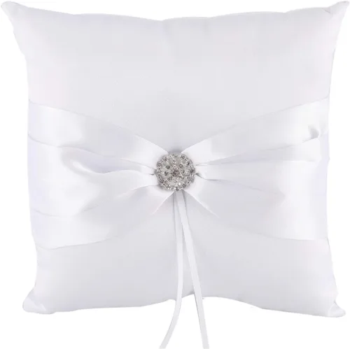 Miniatura 6 de he andi 7.8 "satén artificial diamante decoración anillo de boda portador almohada (rosa)