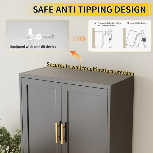 Miniatura 5 de Gabinete de metal para despensa de cocina, 71 pulgadas de alto x 28 pulgadas de ancho x 14 pulgadas de profundidad con 2 puertas y 4 estantes Negro