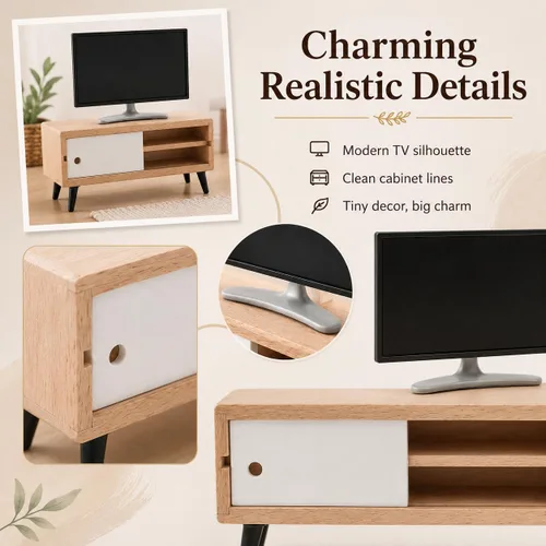 Miniatura 5 de NUOBESTY Mueble de TV y madera para casa de muñecas, monitor de juguete realista a escala 1/12, soporte de TV en miniatura moderno para casa