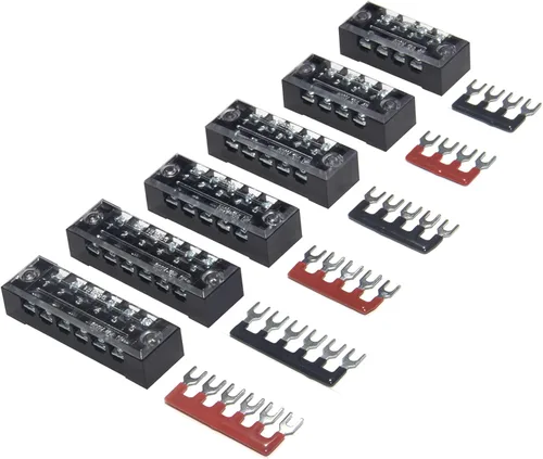Miniatura 9 de 8 piezas (4 conjuntos) Bloques de tira de terminal de tornillo de doble hilera de 8 posiciones 600V 25A con cubierta + tira de barrera de terminales