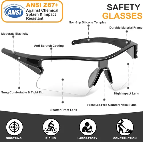 Miniatura 3 de Gafas de seguridad con protección UV para hombres, antiarañazos, conformes a ANSI z87+, gafas protectoras de goma antideslizante con patillas