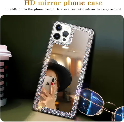 Miniatura 3 de Funda con espejo para iPhone 13 Pro Max para mujer con diamantes de imitación brillantes, espejo adhesivo para funda de teléfono, cubierta de espejo