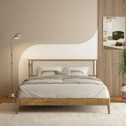 Miniatura 9 de NTC Marco de Cama de Madera Ruby con Cabecero y Ratán Natural, Base de Madera Sólida de Roble/Caucho con Listones Silenciosos, Capacidad de 1000