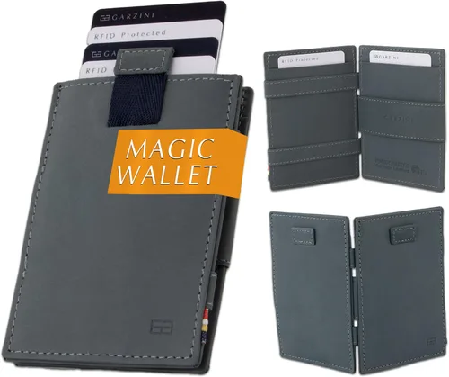Miniatura 19 de GARZINI Cartera mágica con tirador, cartera minimalista con tarjetero RFID, cartera de cuero para 12 tarjetas, 07 Negro cepillado, Minimalista