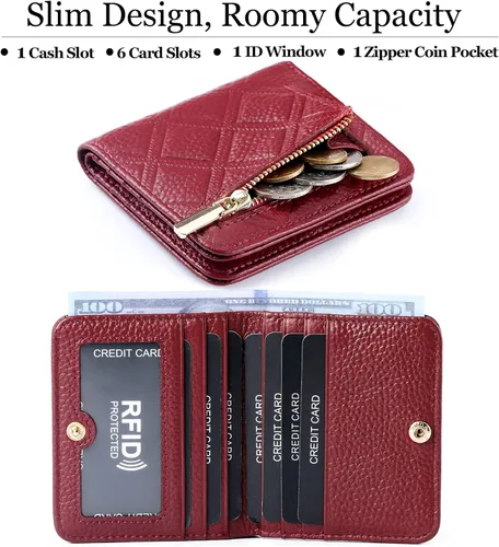 Miniatura 2 de Billetera para mujer, con bloqueo RFID, pequeña, compacta, plegable, de piel auténtica, con bolsillo, mini carteras para mujeres