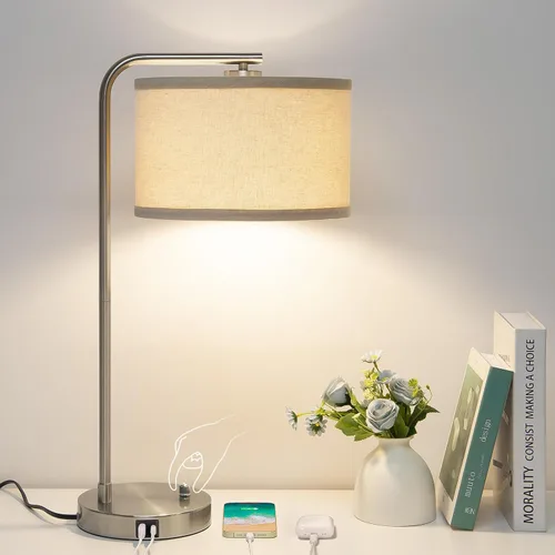 Miniatura 8 de Lámpara de mesita de noche Seaside village con puertos de carga USB C+A, lámpara de pie moderna de granja completamente regulable, lámpara de Roble