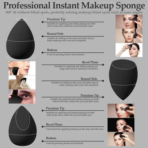 Miniatura 4 de Juego de 14 esponjas de maquillaje, mezclador de esponjas de belleza con 4 borlas de polvo y 4 mini esponjas de maquillaje para líquido, base, Negro