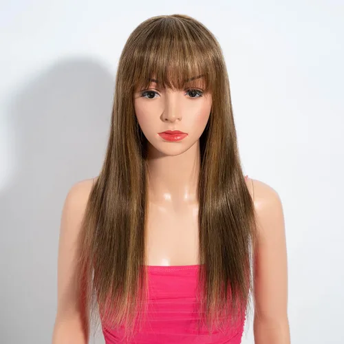Miniatura 9 de Rebecca Fashion Pelucas lacias de 14 pulgadas con flequillo, pelucas de cabello humano para mujeres negras, sin encaje frontal, pelucas de cabello