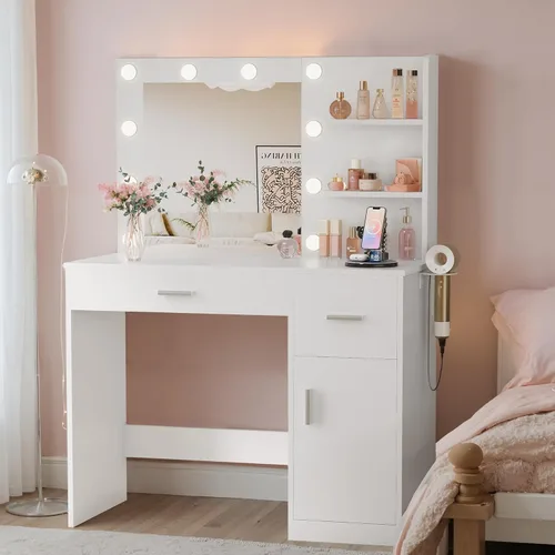 Miniatura 10 de YESHOMY Escritorio de tocador con espejo, 10 luces, toma de corriente y 3 estantes de almacenamiento, mesa de maquillaje con 2 cajones y 1 gabinete