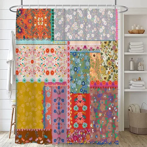 Lofaris Cortinas de Ducha Boho de Retazos para Baño Estilo Bohemio Costura Floral Colorida Vintage Retro Cortinas de Ducha para Bañeras Juego de
