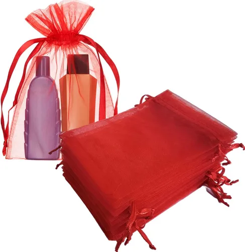 Miniatura 38 de Bolsas de regalo de organza de 5 x 7 pulgadas con cordón para joyas, dulces, flores de lavanda secas, 100 bolsitas rojas, bolsa de malla de tela