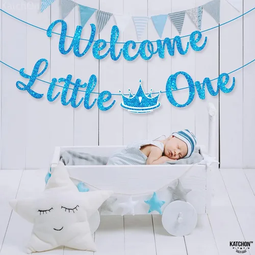 Miniatura 7 de KatchOn Cartel de bienvenida con purpurina Little One - Azul, 10 pies, sin bricolaje Cartel de bienvenida para decoración de baby shower para bebé
