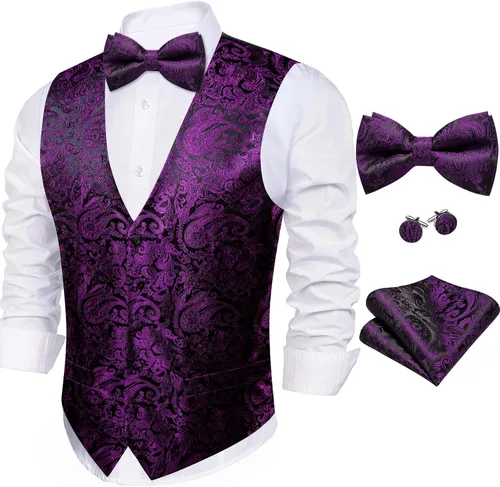Miniatura 16 de Barry.Wang Conjunto de chaleco de pajarita para hombre, chaleco con cuello en V de seda jacquard de cachemira, gemelos de pañuelo formal/ocio, boda