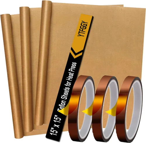 Paquete de 3 hojas de teflón para prensa térmica 15x15 y 3 rollos de cinta de transferencia de calor de 10 mm, hoja de transferencia antiadherente,