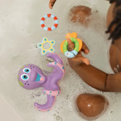 Miniatura 10 de Nuby Pulpo morado flotante con 3 anillos de hoopla interactivo juguete de baño