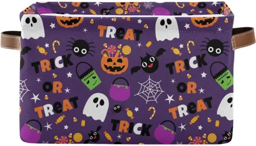 Cesta de Almacenamiento Morada Happy Halloween Cestas de Tela para Cocina Calabaza Calavera Fantasma Murciélago Truco o Trato Contenedores Abiertos
