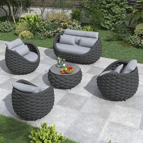 Miniatura 41 de Juego de muebles de patio de cuerda de 4 piezas: conjunto de sofás al aire libre de aluminio acolchado - sofá de conversación moderno ensamblado