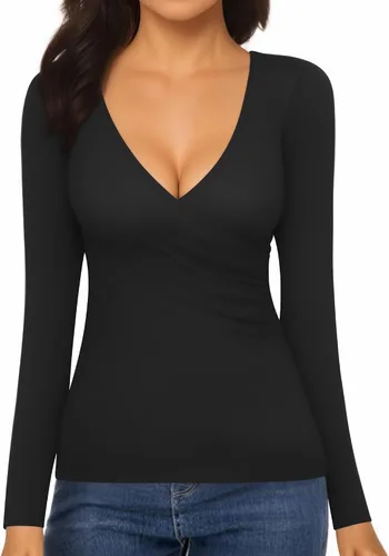 Miniatura 3 de MANGOPOP Camiseta de manga larga con cuello en V profundo y fruncido para mujer