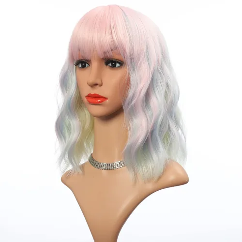 Miniatura 22 de VCKOVCKO Peluca natural ondulada rosa pastel, pelucas coloridas con flequillo de aire, pelucas cortas estilo Bob para mujer, pelucas largas hasta