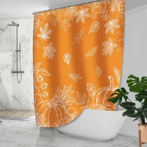 Miniatura 6 de Cortina de ducha de hojas de otoño, cortinas de calabaza para baño, cortina de baño impermeable naranja feliz otoño con ganchos para decoración, 60