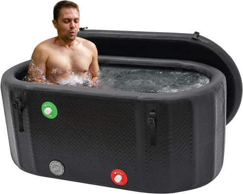 Bañera de hielo portátil para atletas, 98 galones (370 l), bañera inflable independiente con diseño plegable, baño de hielo ovalado grande para