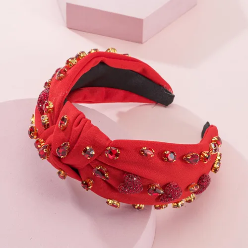 Miniatura 2 de Diadema roja adornada de corazón para el día de San Valentín, diadema anudada con dije de corazón de cristal brillante, antideslizante, nudo