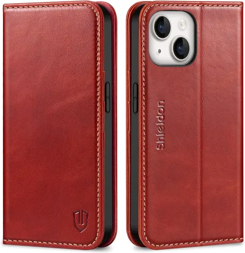 Miniatura 11 de SHIELDON Funda para iPhone 14 de 6.1", Funda tipo cartera de cuero genuino [Cierre magnético] [Ranuras para tarjetas con bloqueo RFID] [Soporte]