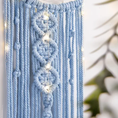Miniatura 3 de Colgante de pared tejido de macramé bohemio, crochet, luna creciente, estrella, atrapasueños con luz, algodón azul, hecho a mano, bohemio, Azul bebé